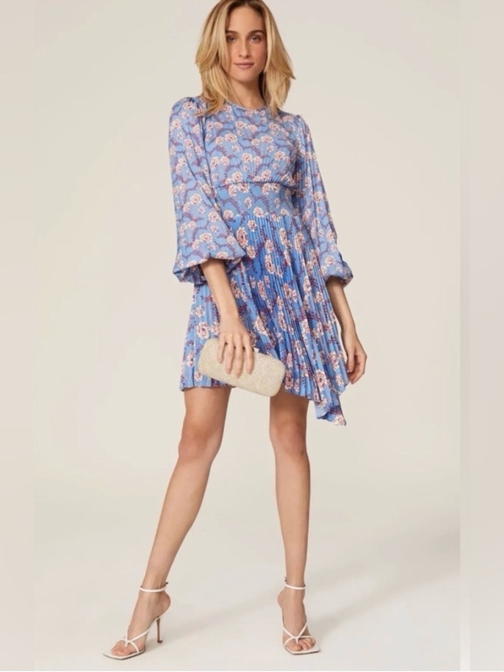 A.L.C. Behati Pleated Asymmetric Hem Mini Dress in Blue Red Multi flower-Size 0